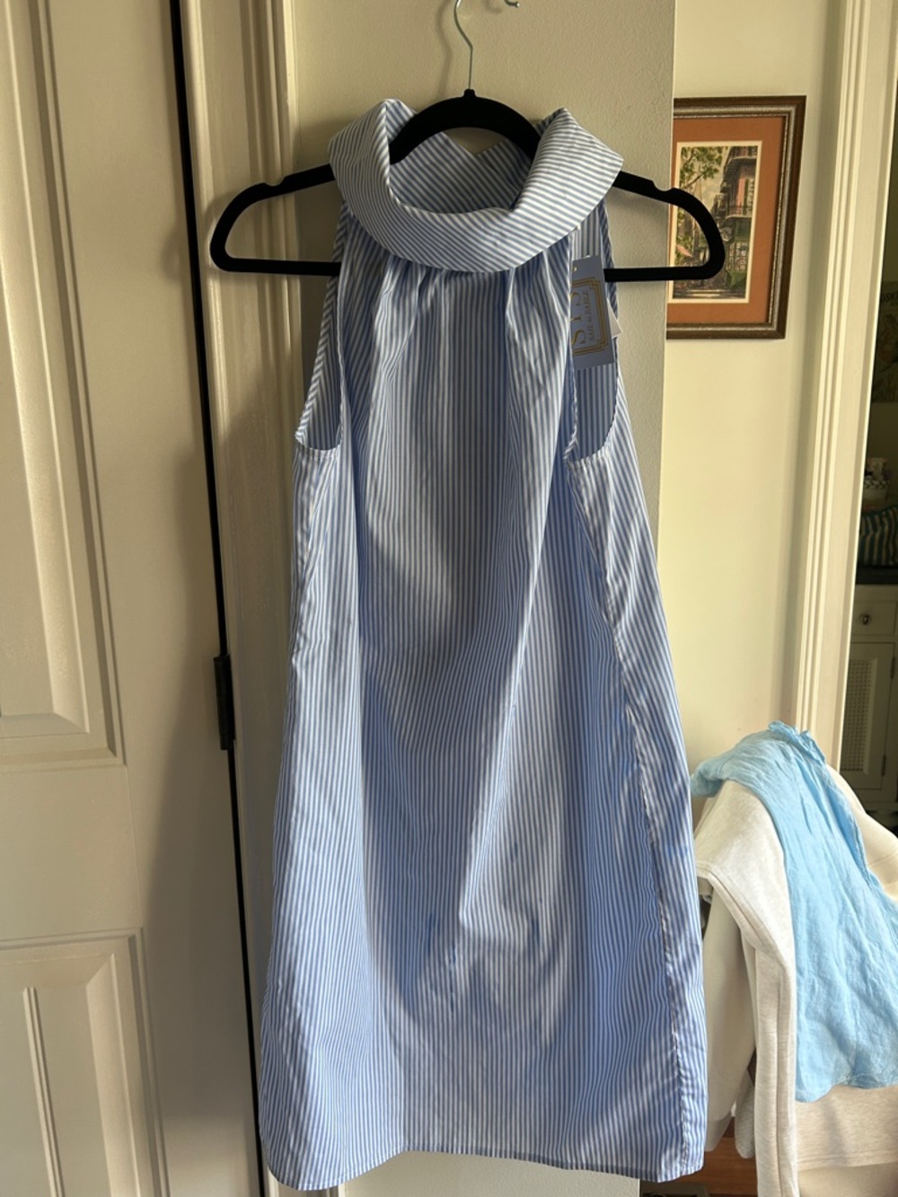 Sail to Sable Light Blue and White Pinstripe Halter Dress